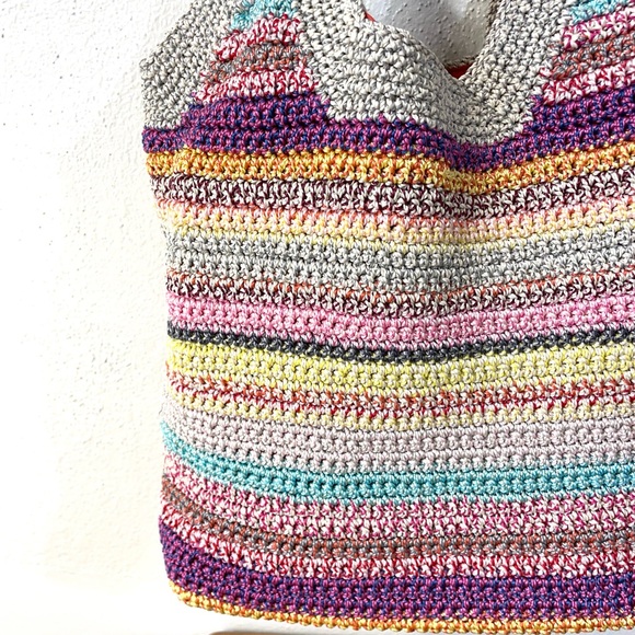 The Sak Knit Crochet Bag Gray Rainbow Stripes Casual Shoulder Tote Boho Travel - Picture 1 of 16